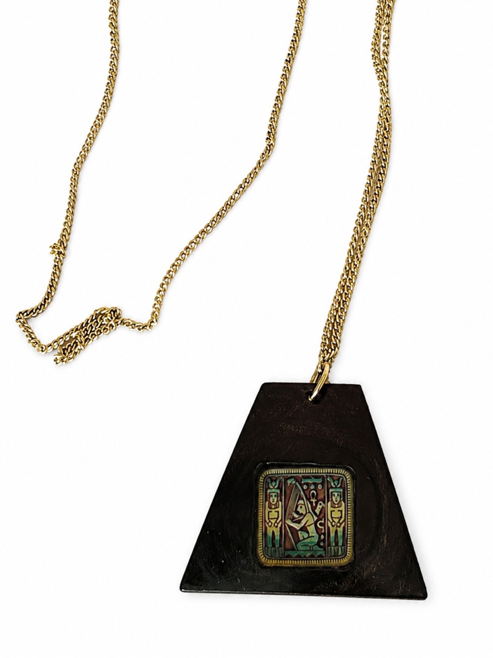 Vintage 1970s Egyptian Revival Faux Tortoiseshell Trapezoid Pendant Necklace